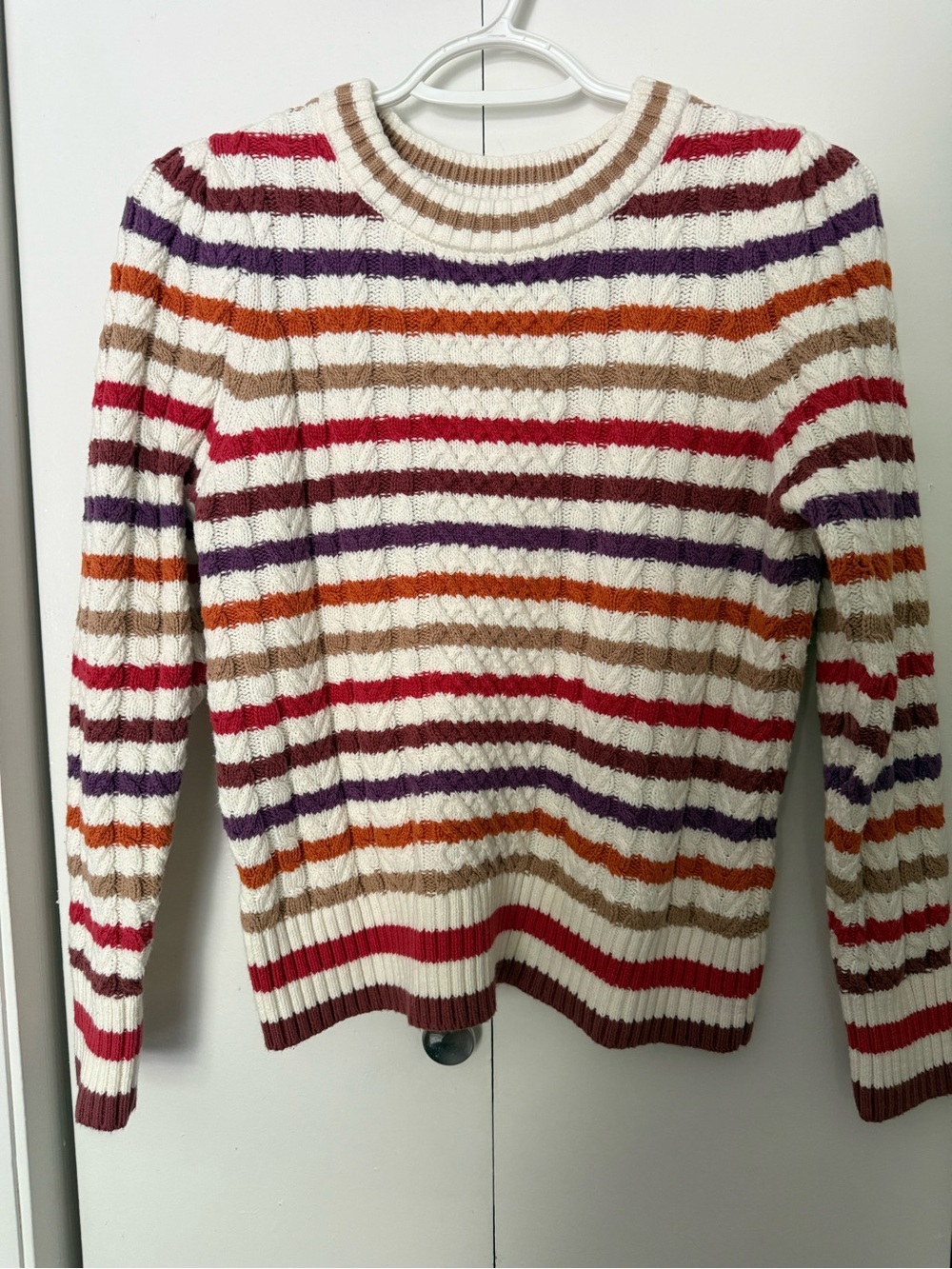 St. John's Bay Cream Crewneck Sweater with Red, Purple, Orange & Tan Stripes
